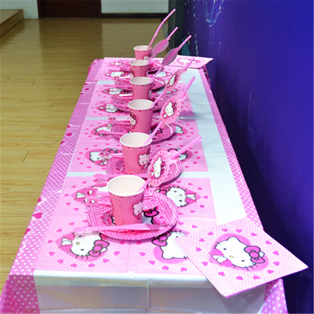 

82pcs/set Hello Kitty Theme Party Supplies Tableware Plate Cup Flag Tablecloth Straw Napkin Birtday Party Decoration Favors Baby