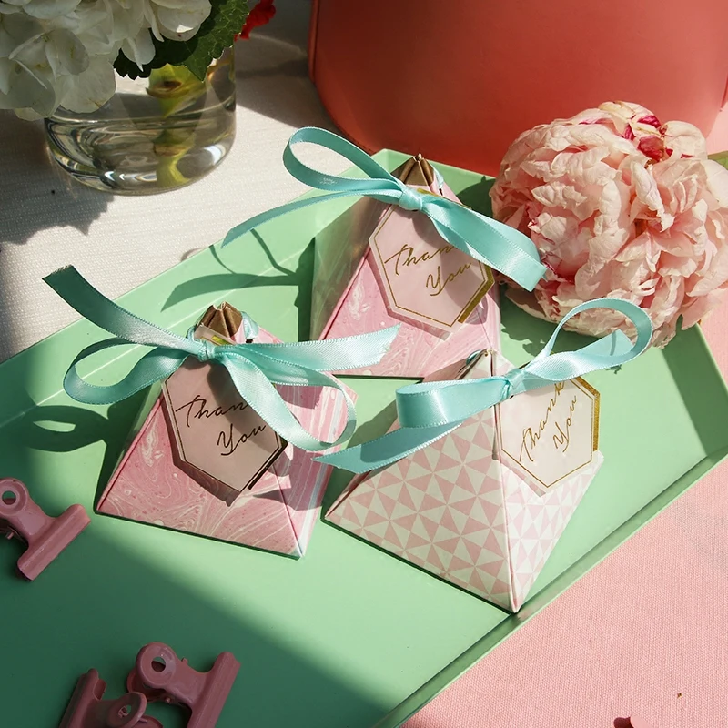 Розовый необычная коробка для предродовой вечеринки треугольная пирамида свадебные подарки мешочки, принадлежности для праздника