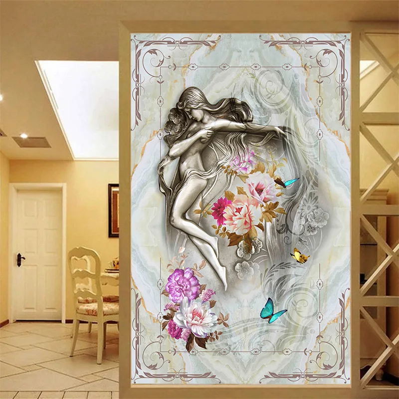 По индивидуальному заказу, классический стиль росписи девушка с цветком Искусство Красота мраморная текстура обои домашний коридор