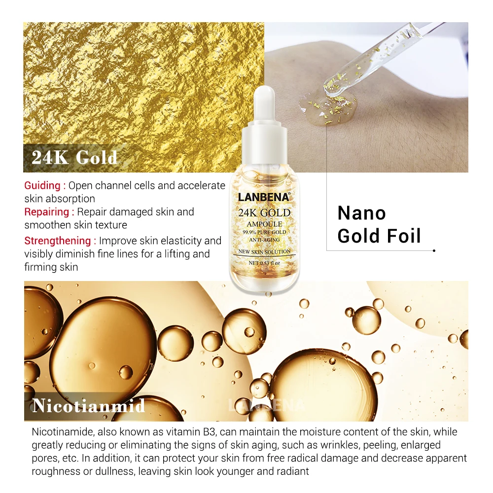 Lanbena 24k Gold Ampoule Serum Essence Anti Wrinkle Anti Aging Fine Lines Moisturizing Whitening Firming Face Cream Skin Care