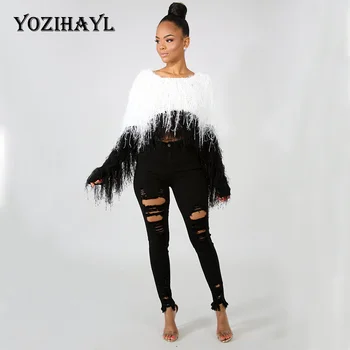 

YOZIHAYL Women Long Sleeve Tassel Loose Sweaters Fashion O-Neck Knitting Simple Sweaters Autumn Winter Casual Office Crop Tops