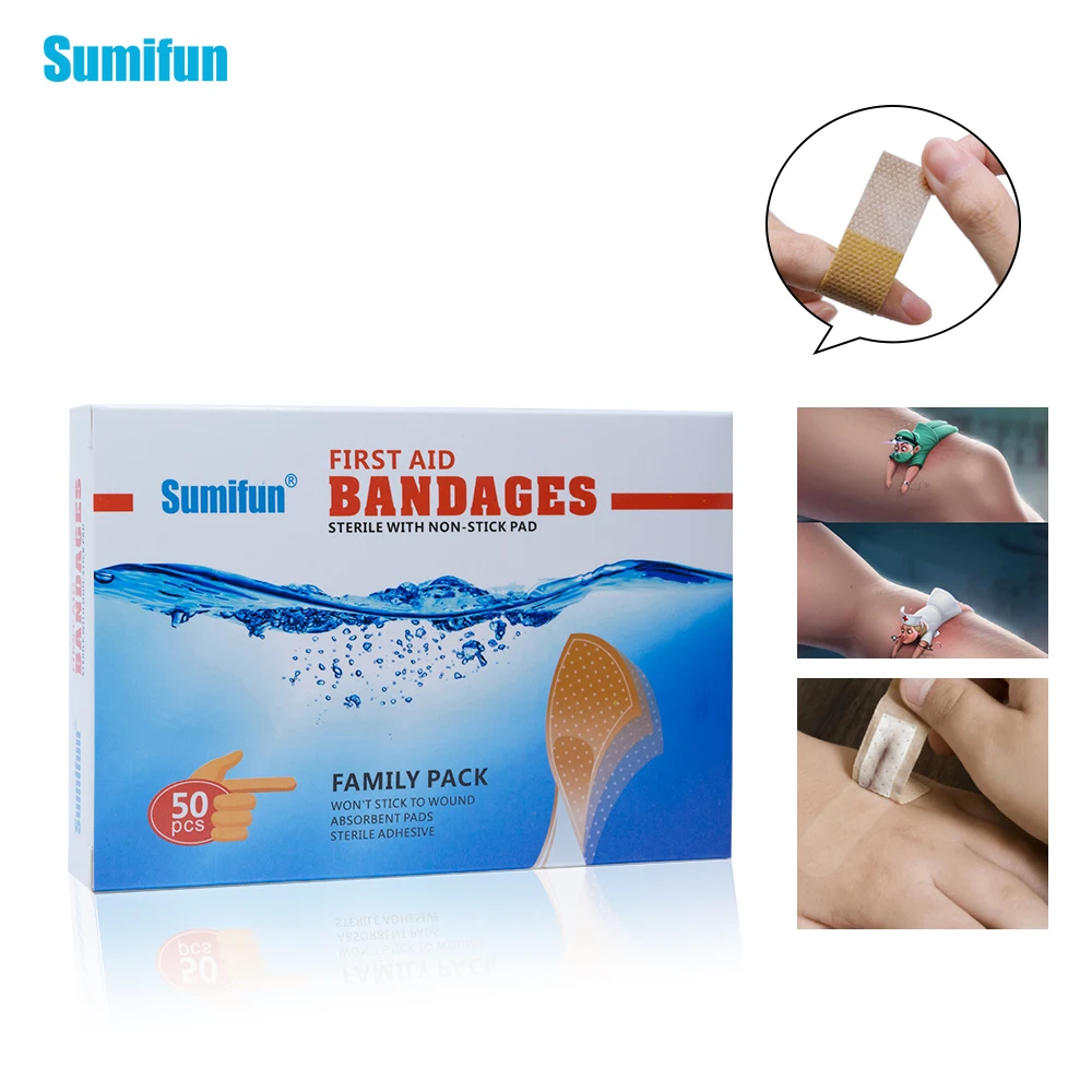 

Sumifun 50Pcs/Box Kids Children Band-Aid Brand Flexible Fabric Bandages First Aid Wound Care Serile Gauze Adhesive K02501