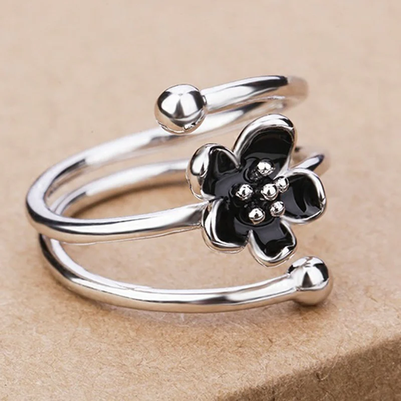 

Fashion Black Flower Ring Mystic Floral Open Ring For Women Girl Wedding Rings Adjustable Openning Finger Jewelry
