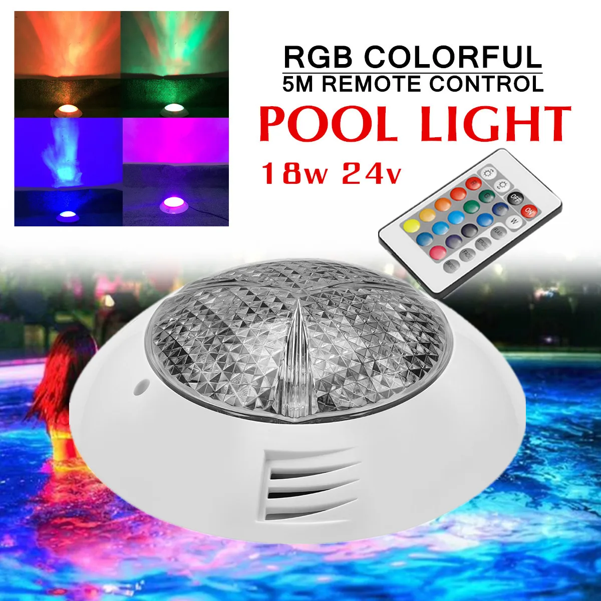 

Colorful Swimming Pool Spa Light 18W 24V LED RGB Underwater Lamp Remote Control Mounted Design Brightness 50000 Working Hours