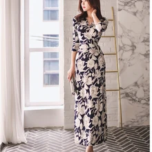Летнее женское платье с принтом, тонкое, v-образный вырез, длинные сексуальные открытые платья, синие и белые цветы, 5026