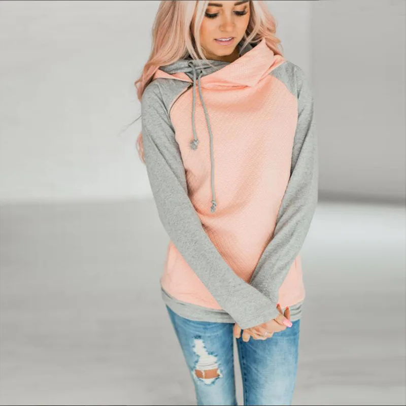 Oversize Casual Patchwork Women Double Hood Hooded Hoodies Long Sleeve Side Zipper 2018 Winter Autumn Sweatshirt Pullover Hoddy Hoodies