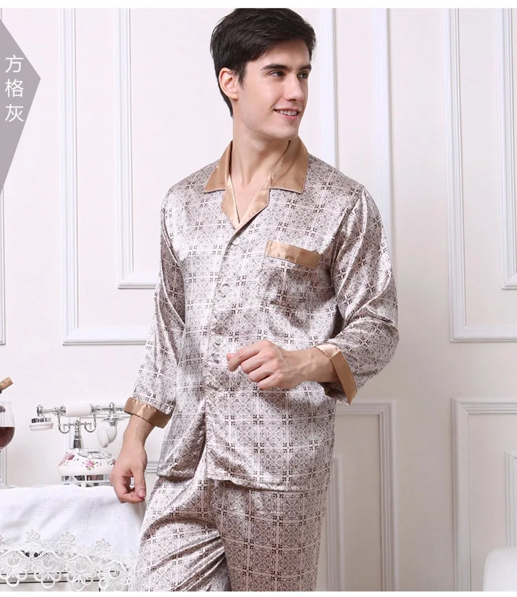mens satin pajama set Men's Long Sleeve Silk Homewear Male Spring Summer Long Sleeves Pyjamas Lapel Handsome Luxurious Silk Nightwear 2pcs D-2183 soft cotton pyjamas