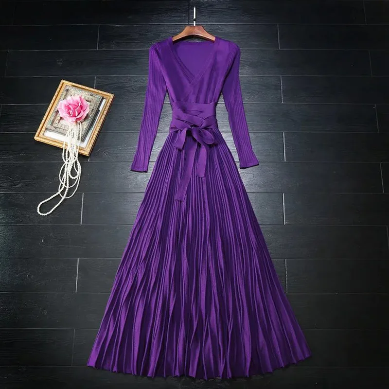 Женское трикотажное платье свитер с поясом и глубоким v образным вырезом|pleated maxi