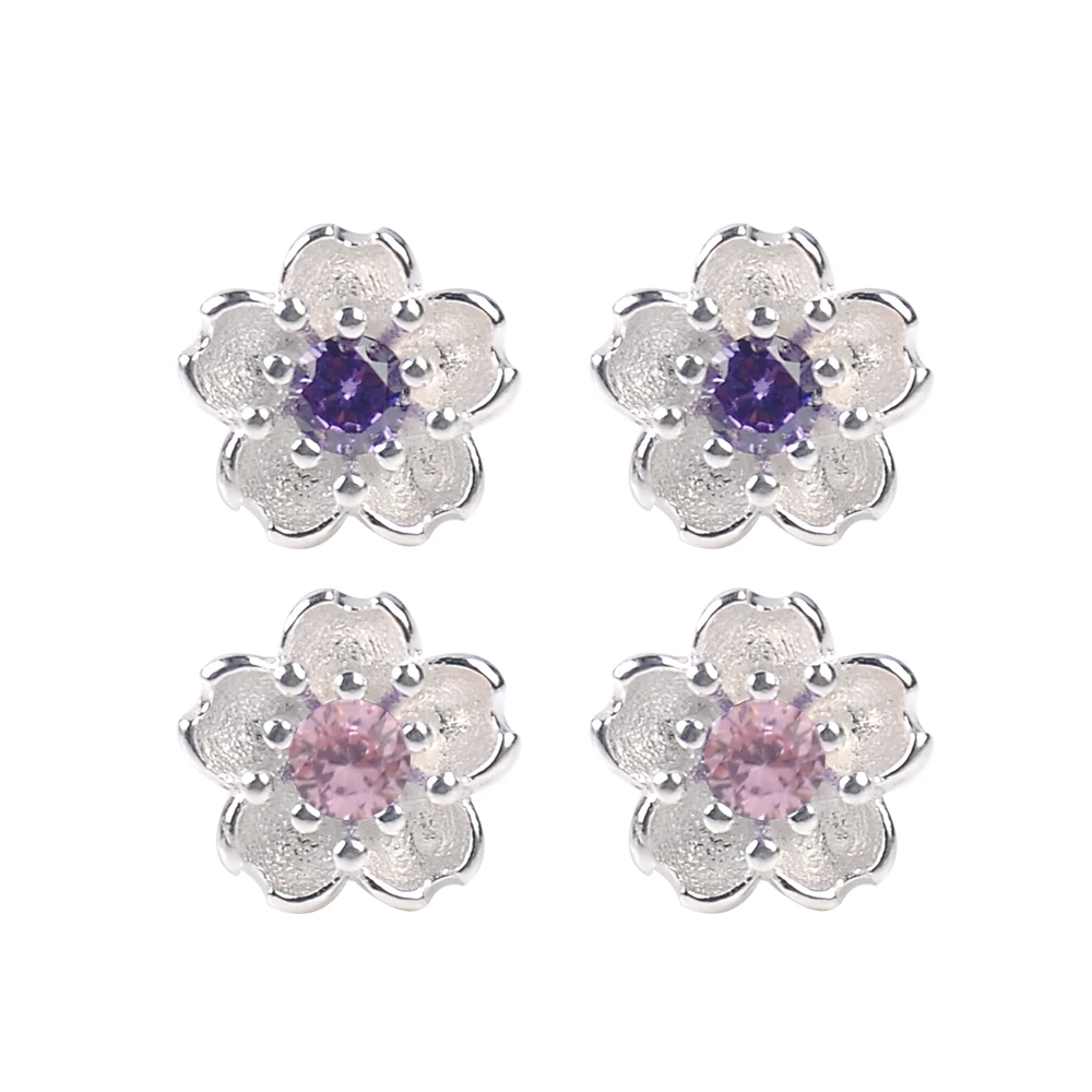 

Silver handwork inlay Crystal pink Cherry Blossoms Flower Ear Stud Earrings For Women Girl's accessories romantic festival gift