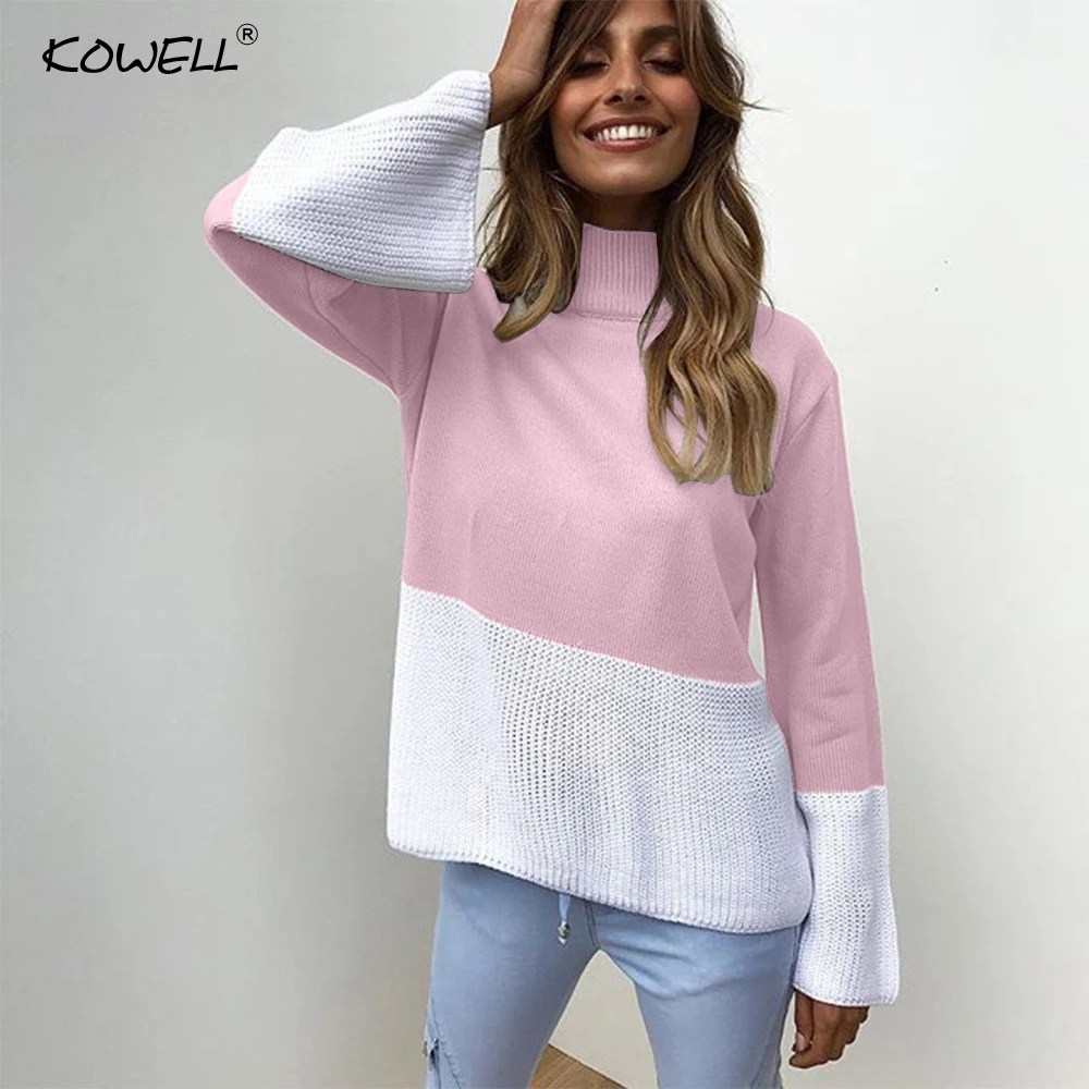 Two Colors Patchwork Cotton Women Sweaters and Pullovers Autumn Winter Long Sleeve Knitted Loose Women Tops Casual Sweater Women