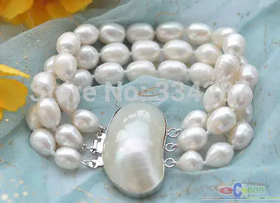 

3row 8" 12mm rice white Freshwater cultured pearl bracelet
