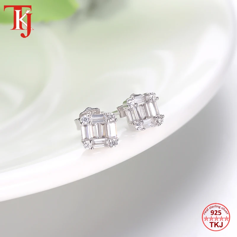 

TKJ Authentic Real 925 Sterling Silver Clear CZ Stud Earrings For Women Round & Baguette Stone Wedding Engagement Party Jewelry