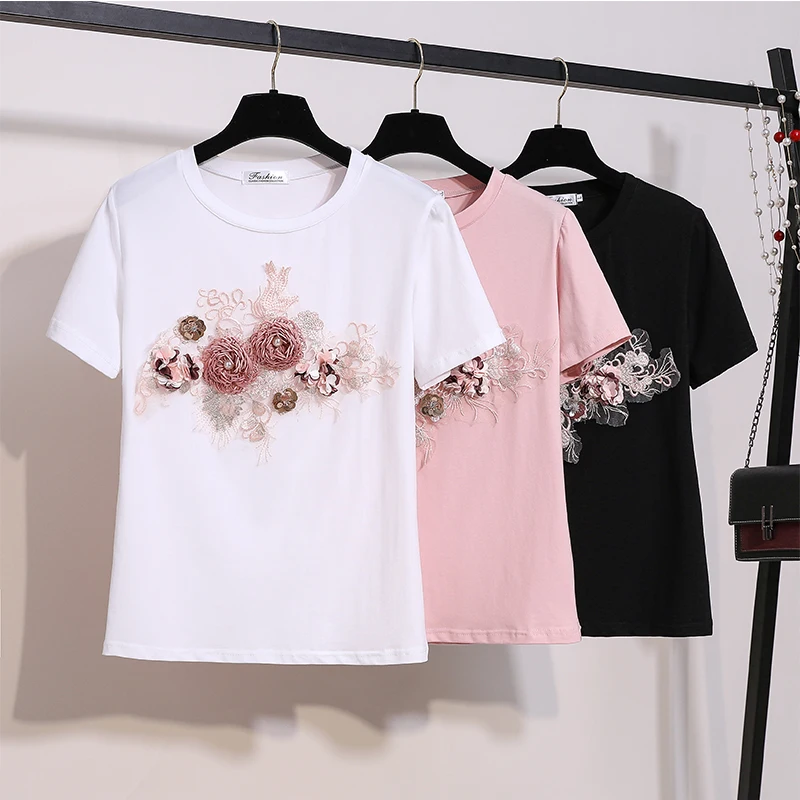 

Summer Short Sleeve Embroidery Beaded Bird 3D Flowers Stylish Tops and Tees Female T Shirts Mujer Women Tshirt