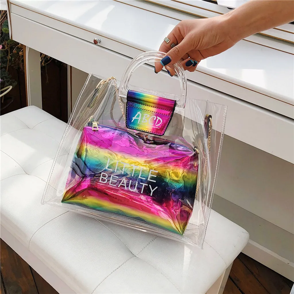 

Women's laser Chain Bags Transparent jelly Sequin messenger Shoulder Bag Holiday Beach Crossbody ladies Shopping Small Handbags