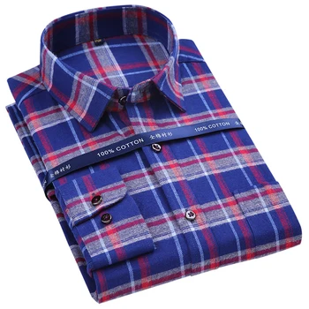 

Men's Pure Cotton Plaid/striped Brushed Dress Shirt with Left Chest Pocket Smart Casual Regular-fit Long Sleeve Male Tops Shirts