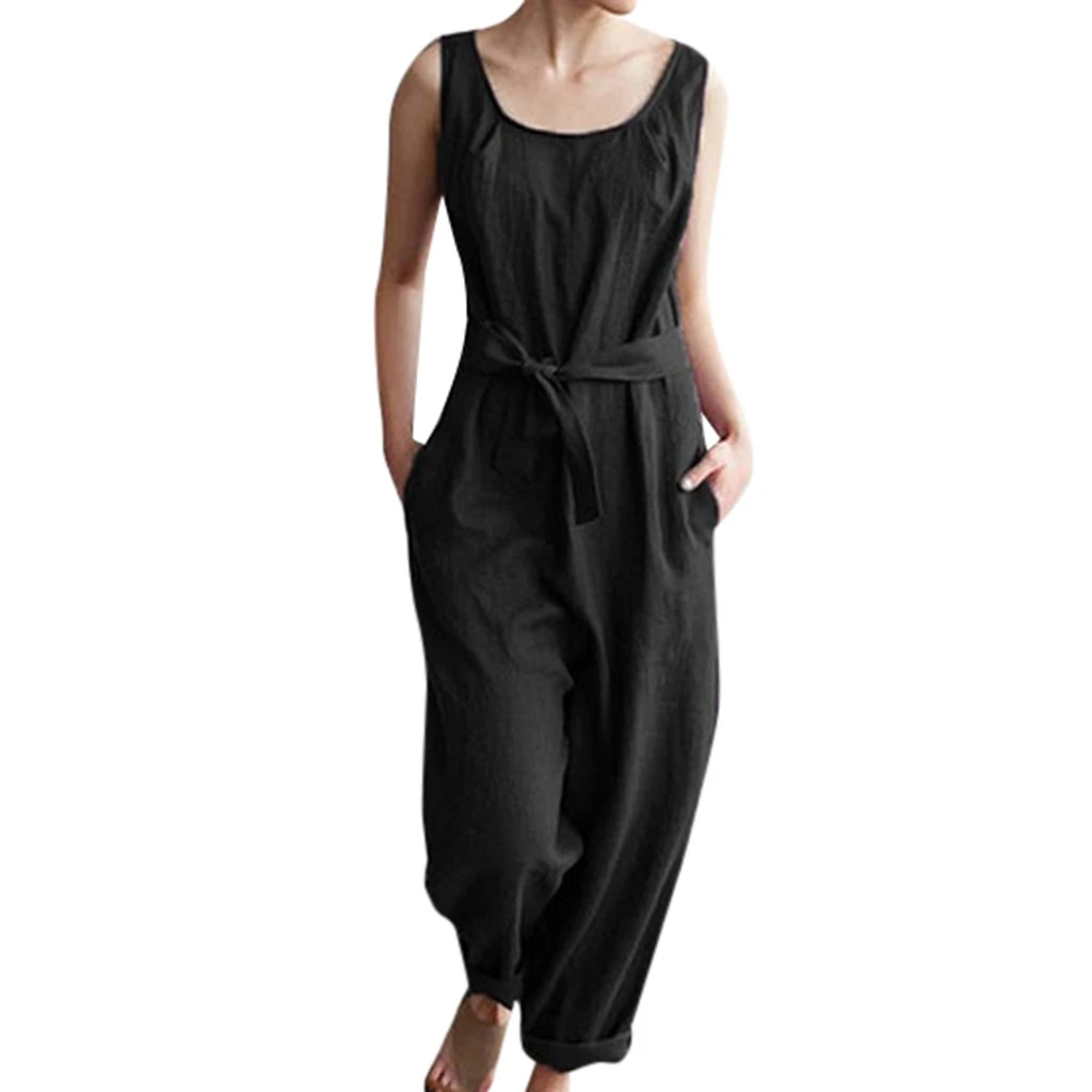 JAYCOSIN Summer Women Jumpsuits With Belt Solid Linen Sleeveless Casual Cute Pockets  Playsuits   19JAN24