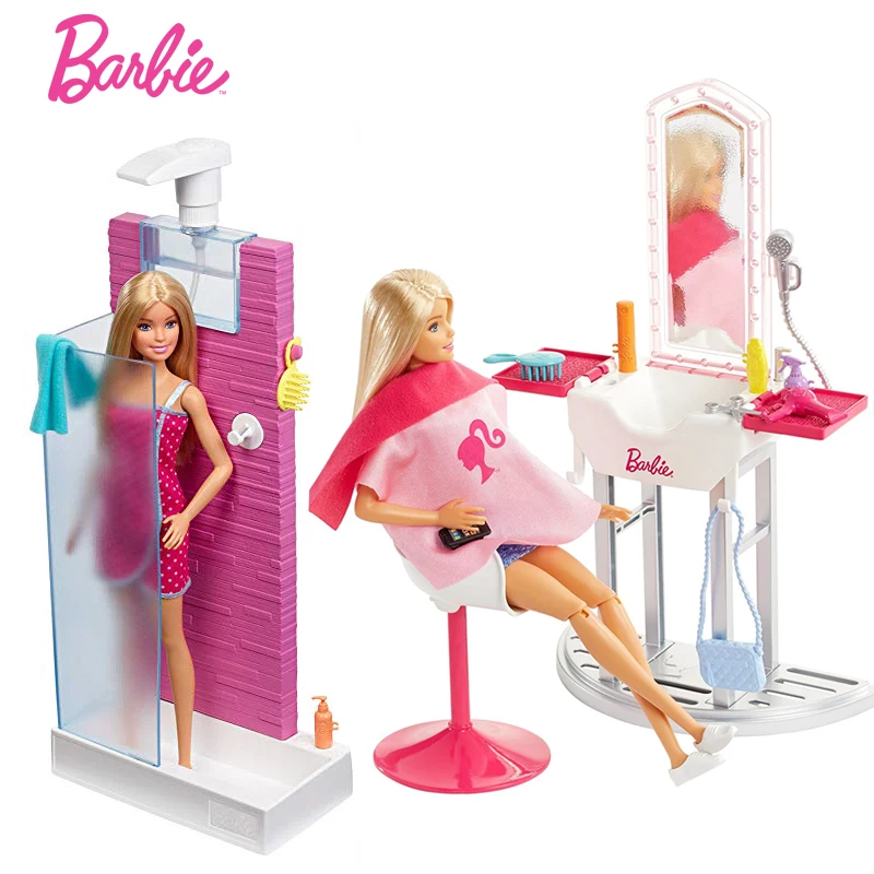 

Original Barbie Dolls Shower Furniture and Hairdressing Set Bath Girl Educational Toys Reborn Baby Boneca Doll for Children Gift