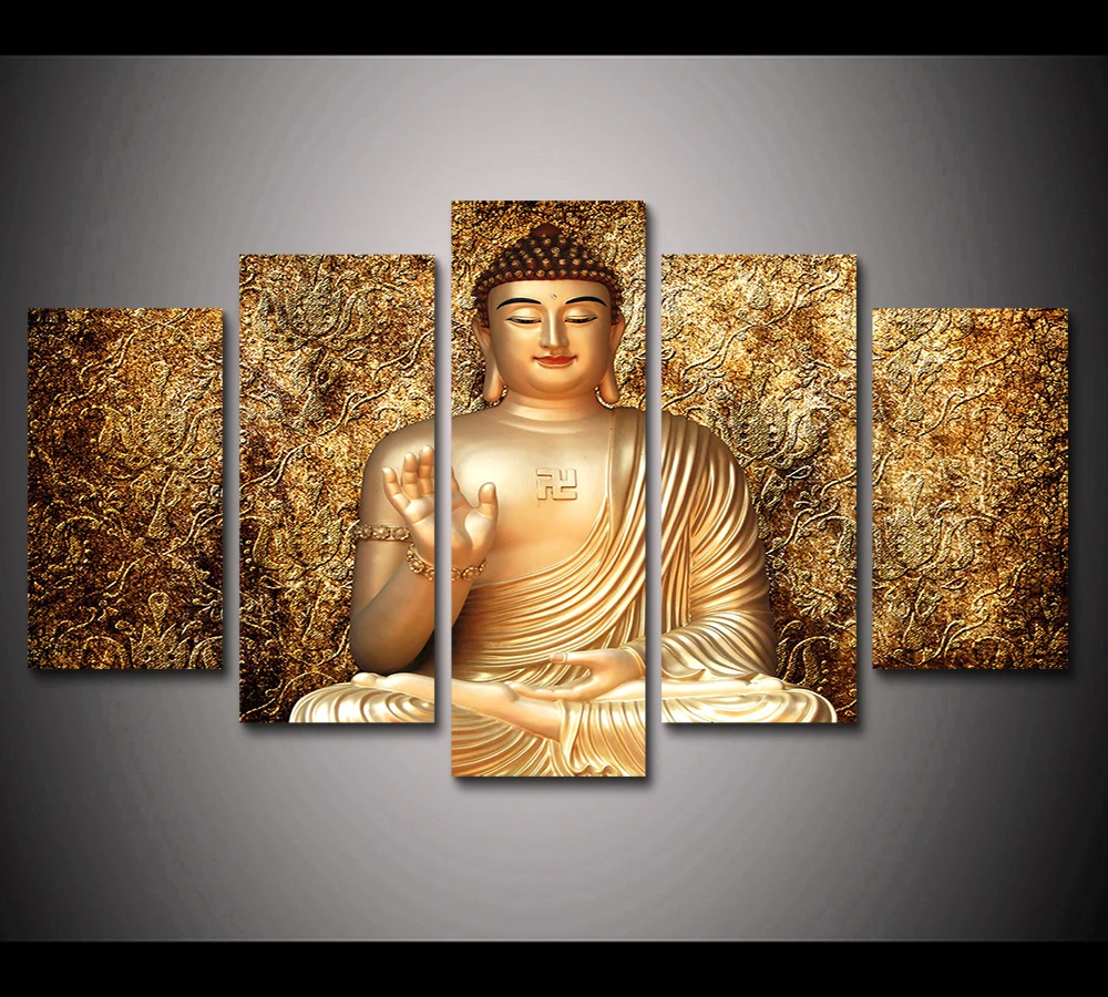 Framed HD Print 5pcs canvas wall art Golden buddha Painting modern home