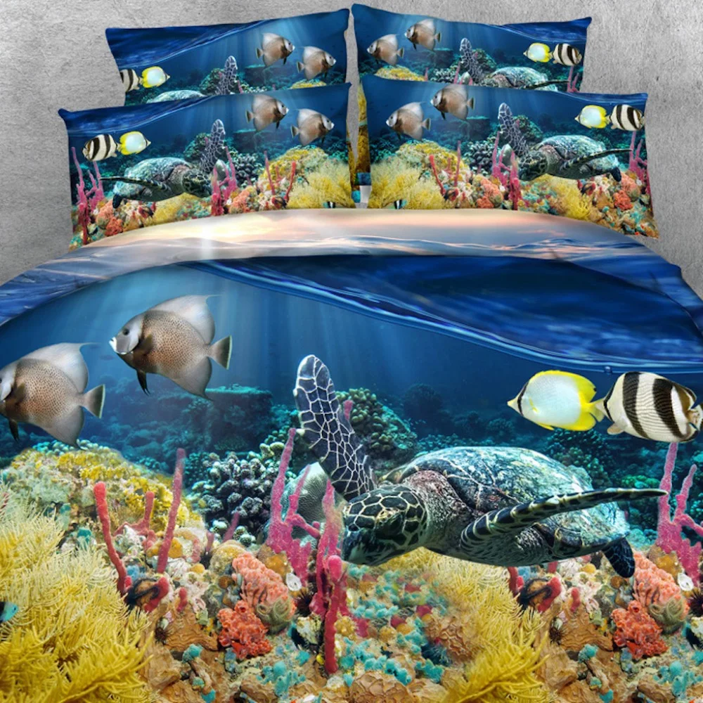 

Royal Linen Source Brand 6 PCS PER SET Turtle and tropical fish on reef 3d marine bed set luxury bedding