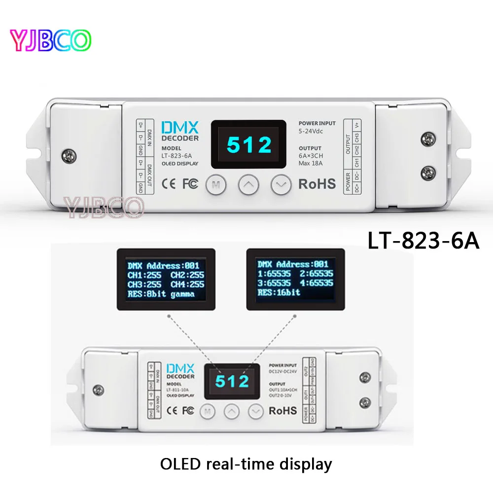 

LT-823-6A; led CV DMX Decoder DC5-24V input;6A*3CH output;Input signal DMX512 (8bit/16bit) 3CH led controller for led light