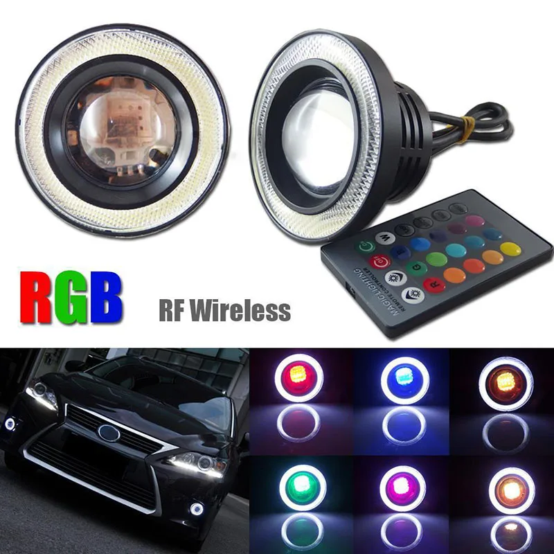 

Mayitr 1 Set 3.5" Car High Power RGB LED Fog Light with White COB Angel Eye Halo Ring Super Bright Lamp + Remote Control