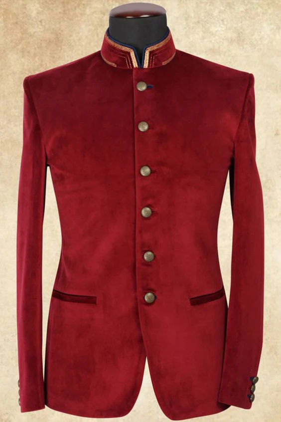 

2018 Wine red velvet blazer men suit Golden stand collar tuxedos Retro men suits Slim fit wedding prom stage dress jacket+pants