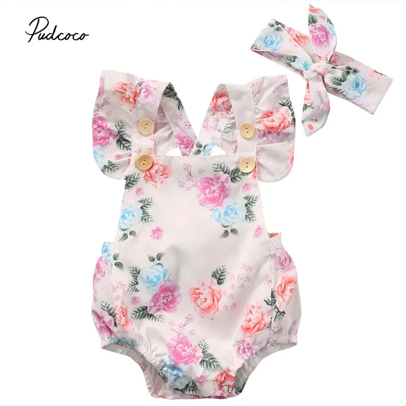 

Pudcoco 2018 Baby Girls Infant Floral Bodysuit Sweet Floral Ruffle Sunsuit+Headband One-pieces Summer Outfit Clothes 0-24M