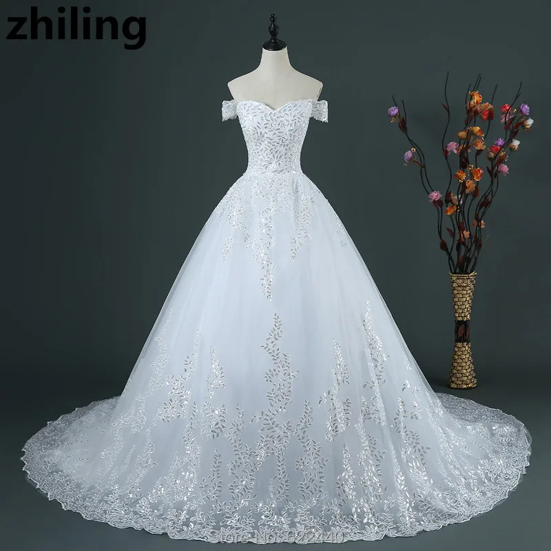 

Stunning Sequins Ball Gown Wedding Dresses Charming Off Shoulder Bridal Wedding Gowns Chapel Train Lace Bride Dress
