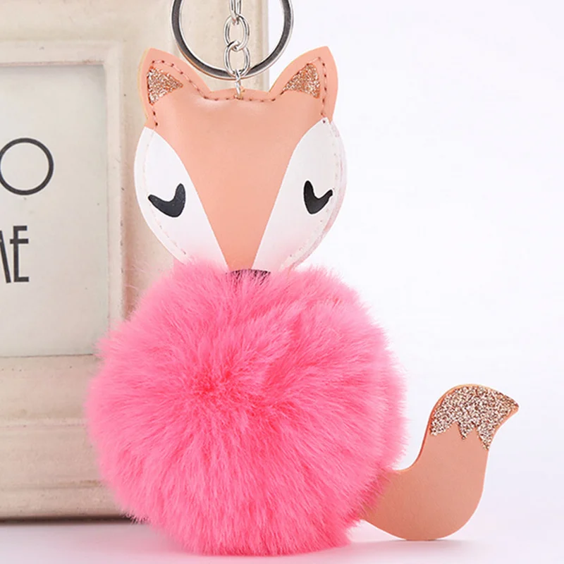 

2018 Cute Pink Fluffy Pompom Shining Fox Keychain Women Faux Rabbit Fur Ball Pompon Key Chain Car Bag Pom Pom Key Holder Gift