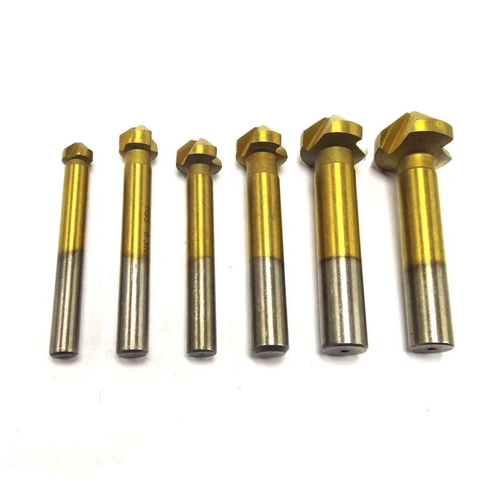 Brand 6pcs/Set 3 Flute HSS Hard Metals Titanium Three Edge Chamfer Chamfering End Mill Cutter Bit Countersink Set Drill Bit Brand 6pcs/Set 3 Flute HSS Hard Metals Titanium Three Edge Chamfer Chamfering End Mill Cutter Bit Countersink Set Drill Bit
