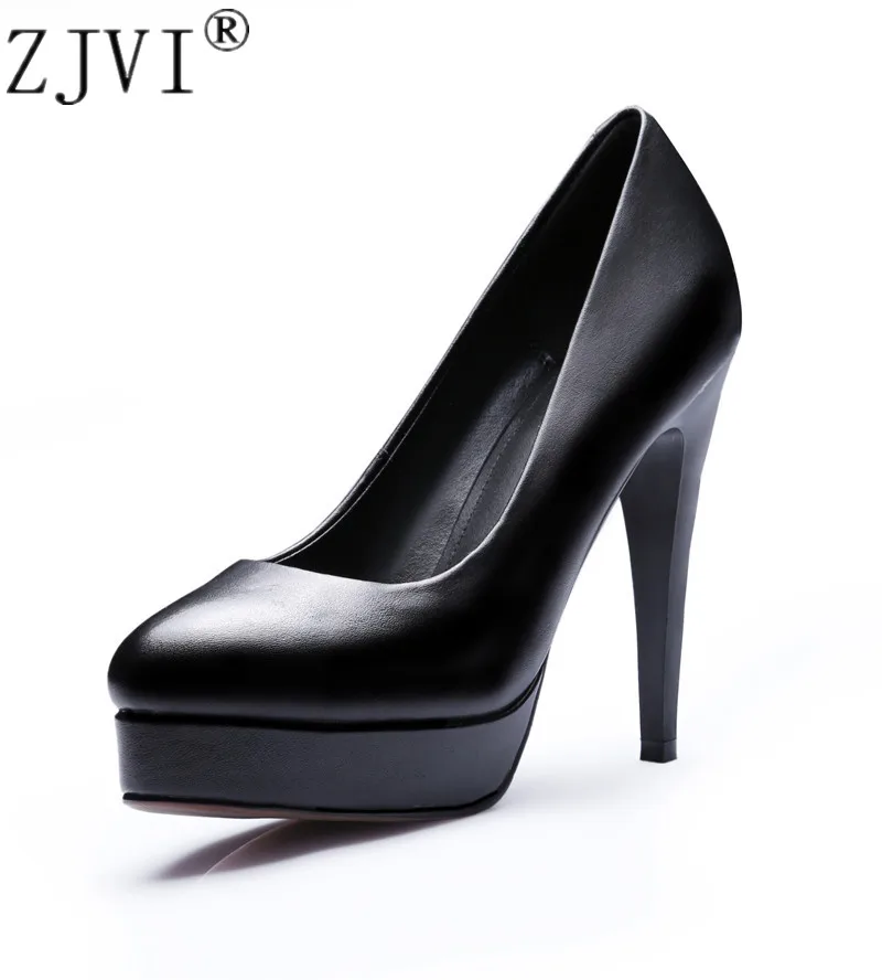 

ZJVI women cow genuine leather thin high heels pumps for woman pointed toe shoes autumn summer warterproof ladies platform shoes