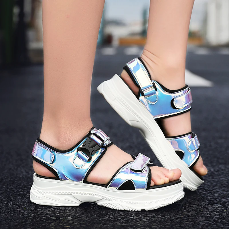 ERNESTNM 2019 New Women Chunky Sandals Bling Sequined Wedges Buckle Strap Platform Shoes 5CM Summer Sandals Pink Glitter Shoes