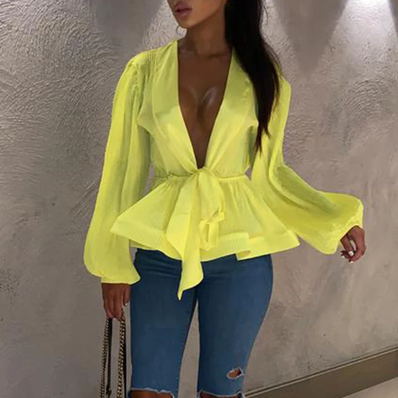 

Bow sashes peplum tops women Sexy v neck long sleeve blouse shirt Lantern sleeve party blouse Pink yellow blusas summer 2019