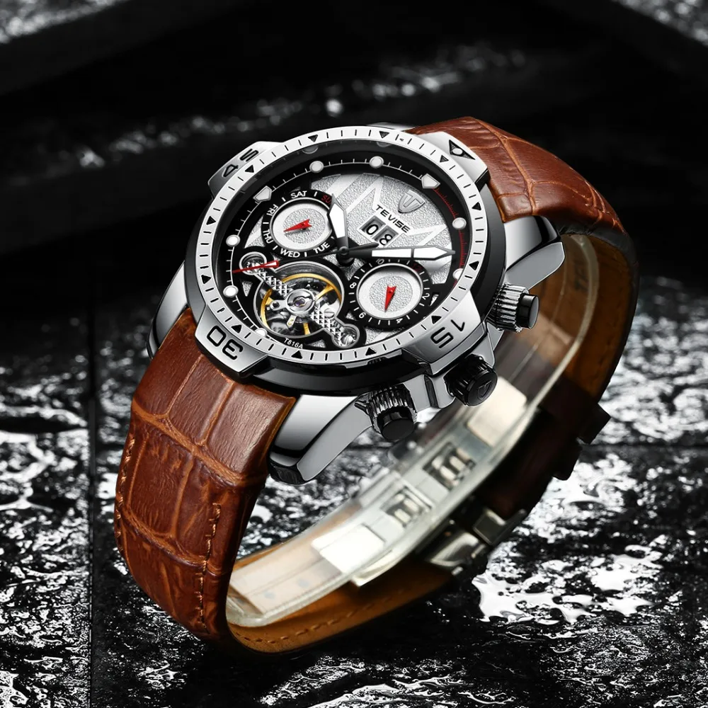 TEVISE الأعمال الرجال التلقائي ساعات آلية الذاتي الرياح جلدية ووتش توربيون السيارات تاريخ أسبوع التقويم المعصم