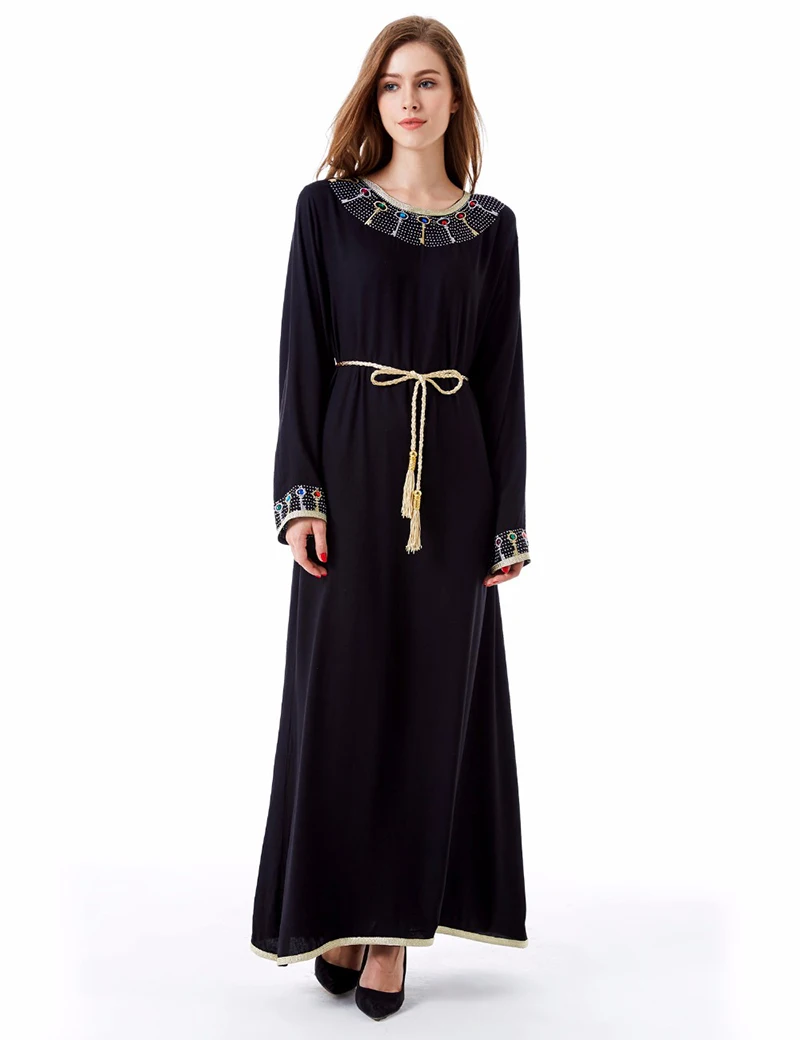 Мода Abayas последние Большие размеры турецкий мусульманский Для женщин со стразами с длинным рукавом Макси платье Исламская халат
