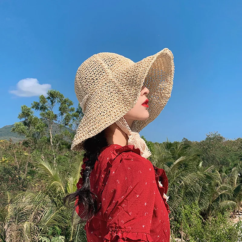 Новая коллекция лето ручной работы в стиле ретро для женщин соломенная шляпа вязаная крючком женский складной Защита от солнца Кепки с кружевами для девочек пляжная шляпа с бантом