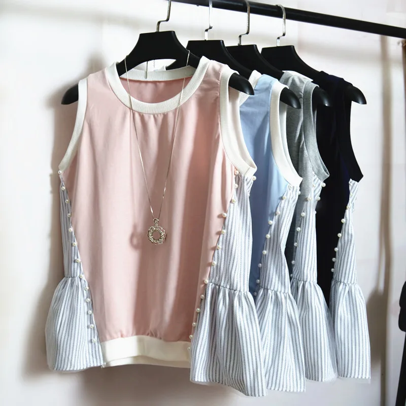 

Amolapha Women Pearls Ruffle Stripped Patchwork Sleeveless Tshirts Tops Women Loose Tees