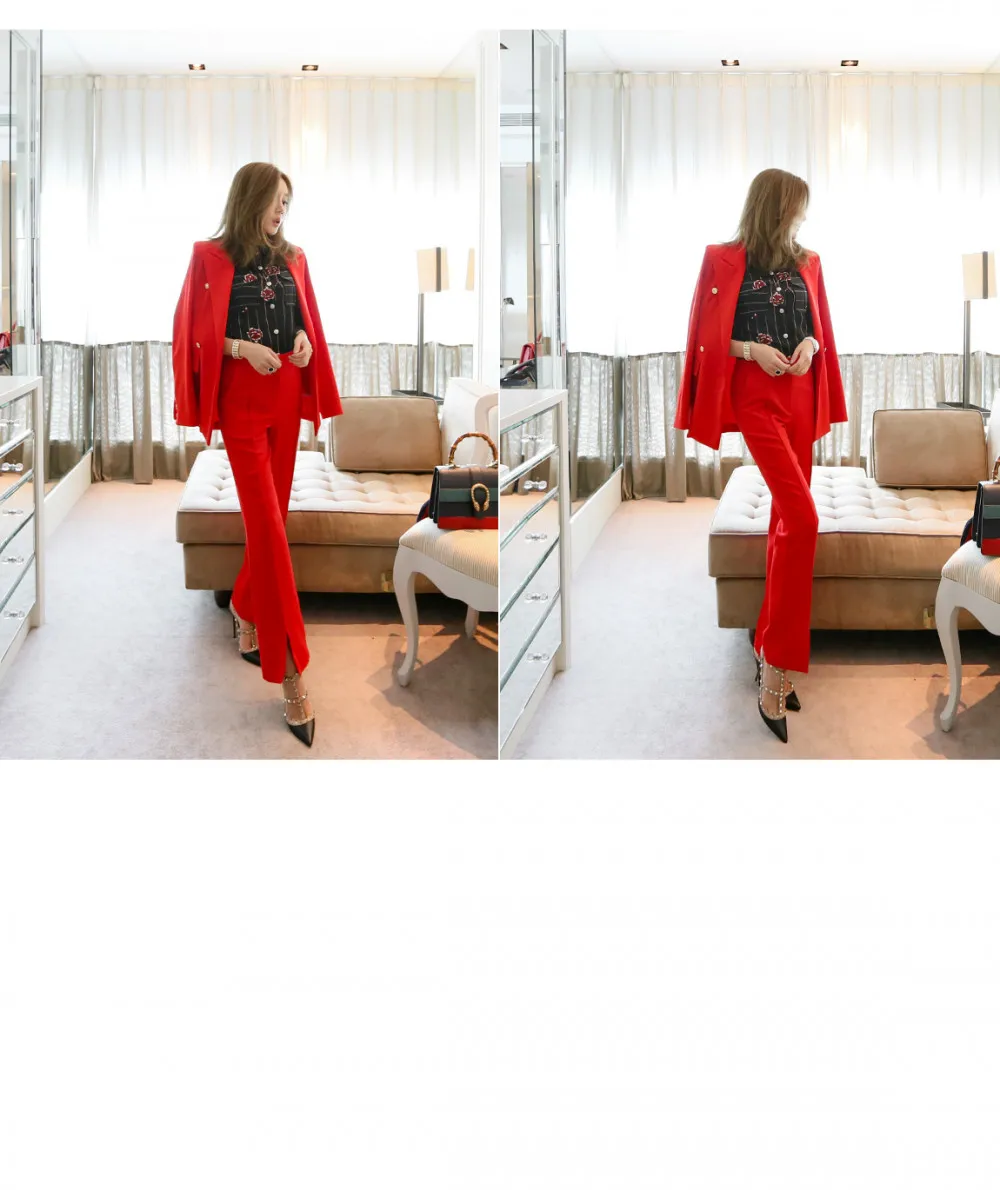 Европейский и американский модный брендовый красный костюм женский раздельный костюм из двух предметов куртка расклешенные брюки тонкие dd27