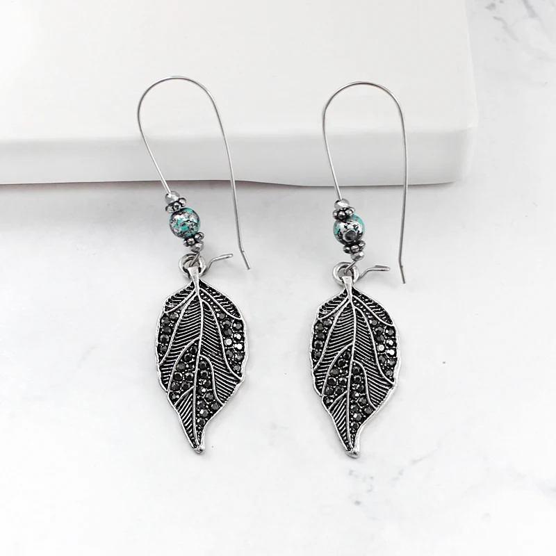 

Bohemia Leaves pendant earrings Retro Stripe Leaves Rhinestone Earrings Wood Textured String Earrings For birthday present