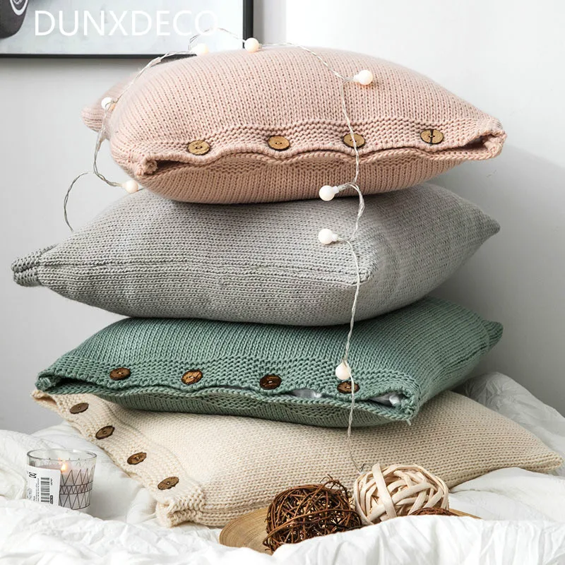 

DUNXDECO Cushion Cover Square Decorative Pillow Case Nordic Simple Plain Knitting Wood Button Throw Warm Room Bedding Coussin
