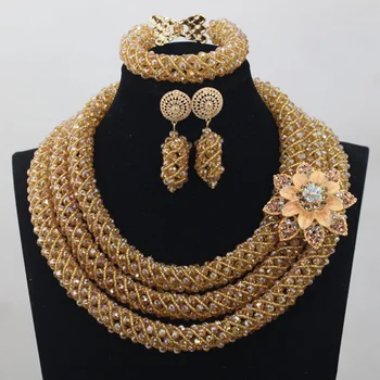 

Luxury New Design Champagne Crystal Nigerian African Wedding Groom Beads Necklace Jewelry Set For Women Free ShippingABH080
