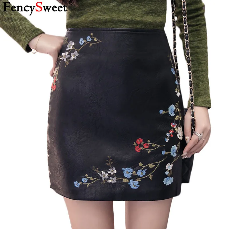 FencySweet элегантный цветочный Вышивка PU кожаные юбки Для женщин Искусственная кожа