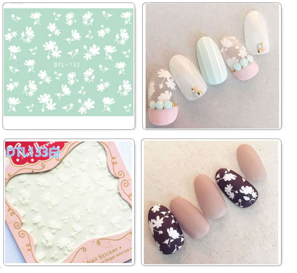 

30 Designs! 1 Sheet Nails Art Manicure Back Glue 3D White Decals Decorations Nail Stickers For Nails Tips Beauty