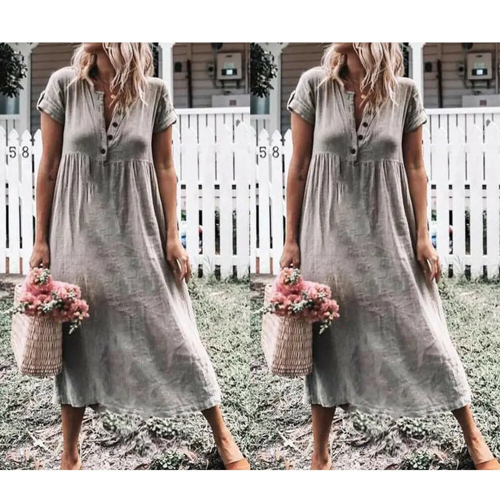 Женщины; Лето; в стиле бохо хлопок лен твердые мешковатые с коротким рукавом длинное платье повседневные Твердые Дамы Сарафан Макси платье - Цвет: Серый