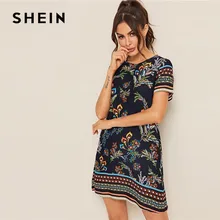 SHEIN летнее женское платье-туника с разноцветным принтом и замочной скважиной на спине,, короткий рукав, круглый вырез, бохо платье, прямое свободное мини-платье