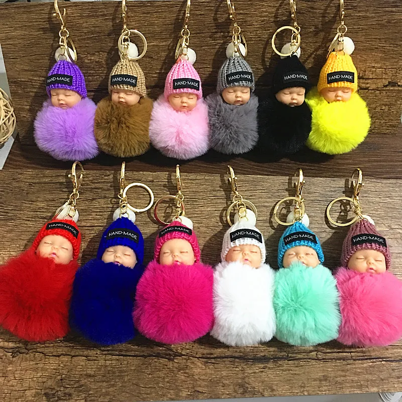 Fashion Sleeping Baby Doll Keychain Women Fluffy Pompom Key chain