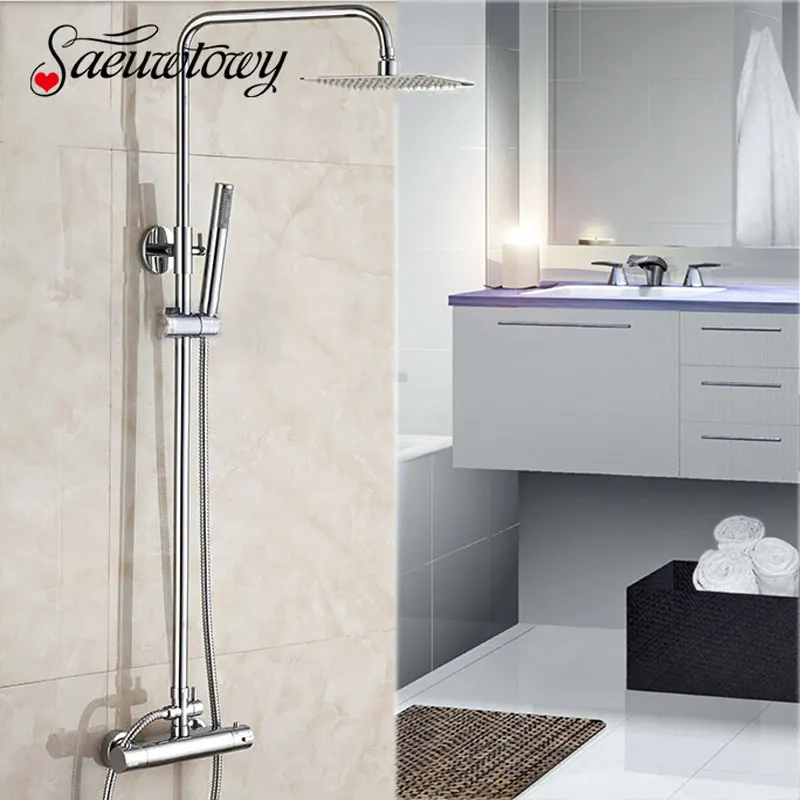 

Saeuwtowy Chrome Thermostic Shower Set 10'' Square Shower head Hot&cold Switch Wall MountedBathroom Shower System Mixer
