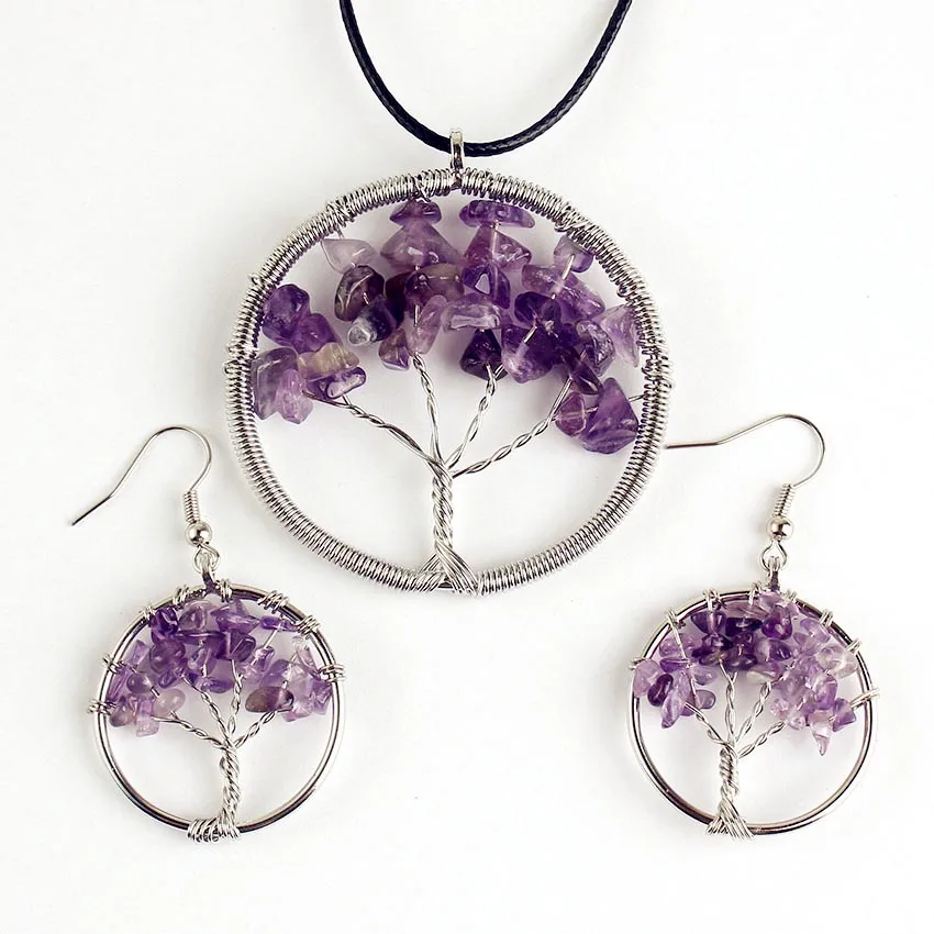 

Trendy-beads Silver Plated Natural Purple Amethysts Tree of Life Pendant Dangle Earrings Engagement Jewelry Set