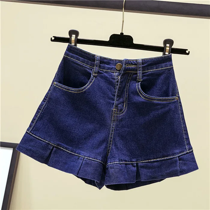 Dark blue Летние Джинсовые шорты женский новые свободные тонкие студент Шорты для девочек с оборками дикий c высокой талией, эластичные женские джинсовые шорты JIA273 - Цвет: Dark blue
