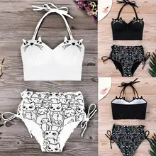Bonito dos desenhos animados gato imprimir duas peças de banho feminino tankini sexy bandagem push alta maiô cintura alta beachwear(China)